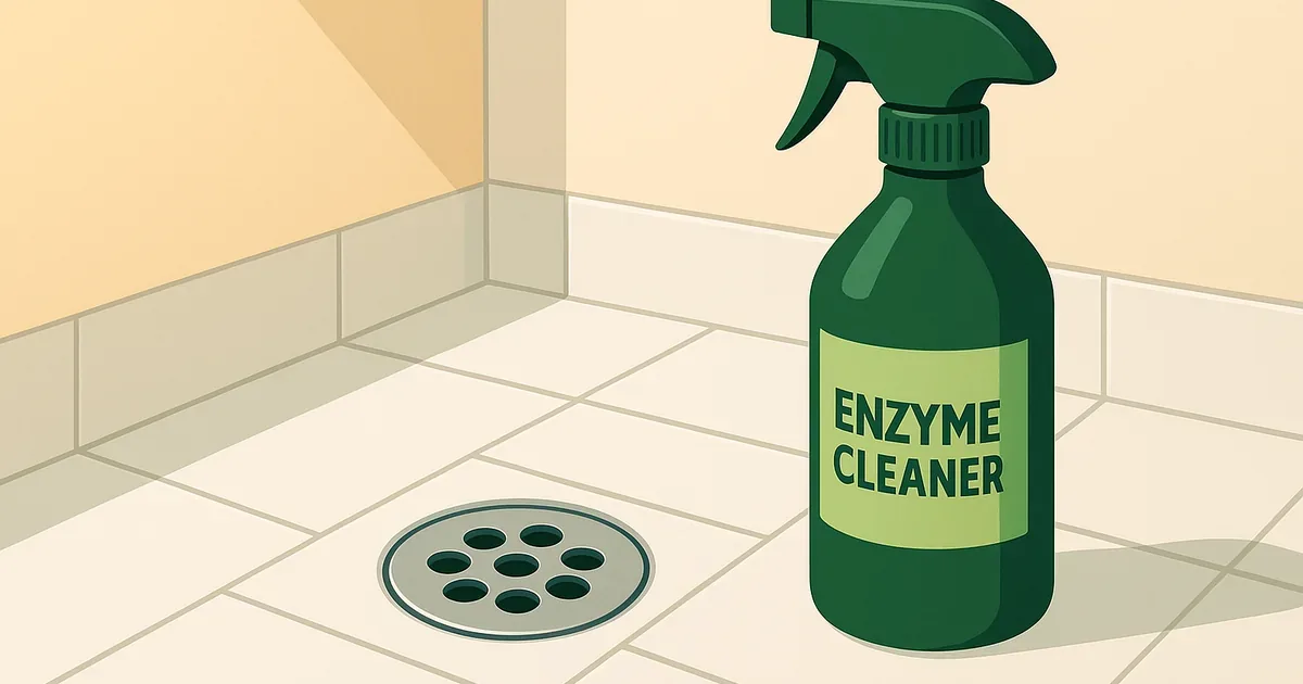 Bathroom drain with enzyme drain cleaner bottle for drain fly treatment