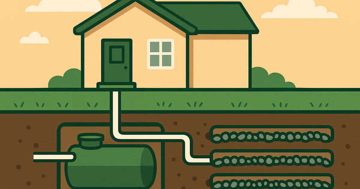 Septic system diagram showing underground tank and drain field in a yard