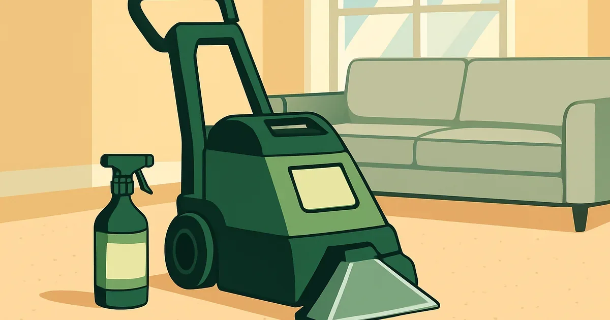 Carpet cleaning machine with enzyme cleaner bottle on a living room carpet