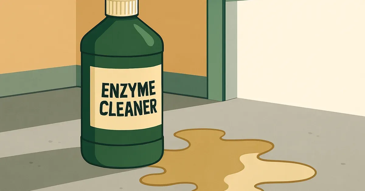 Pouring enzyme cleaner onto a stained concrete garage floor