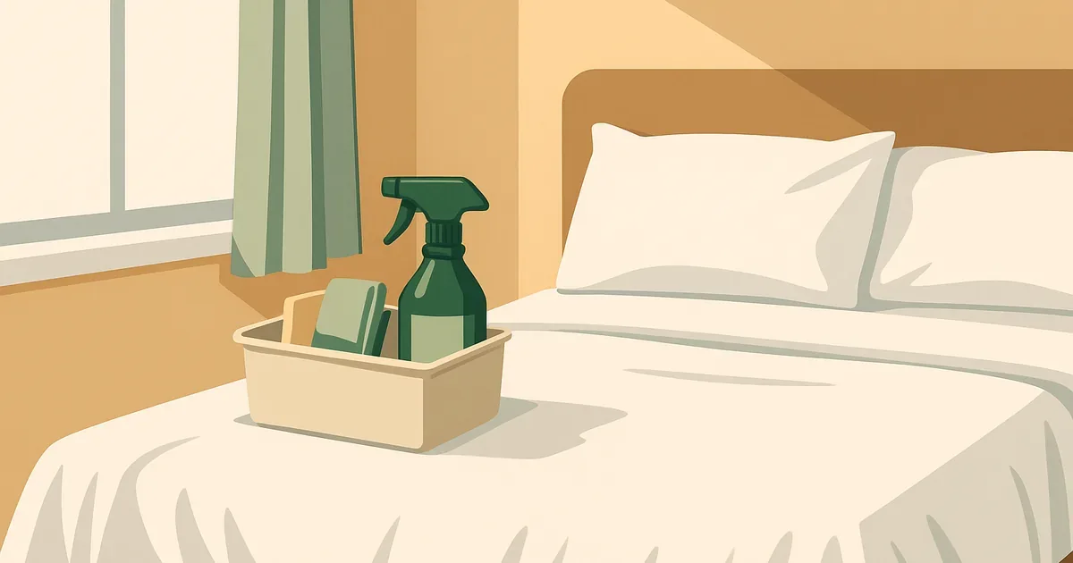 Clean, bright bedroom with cleaning supplies on the nightstand