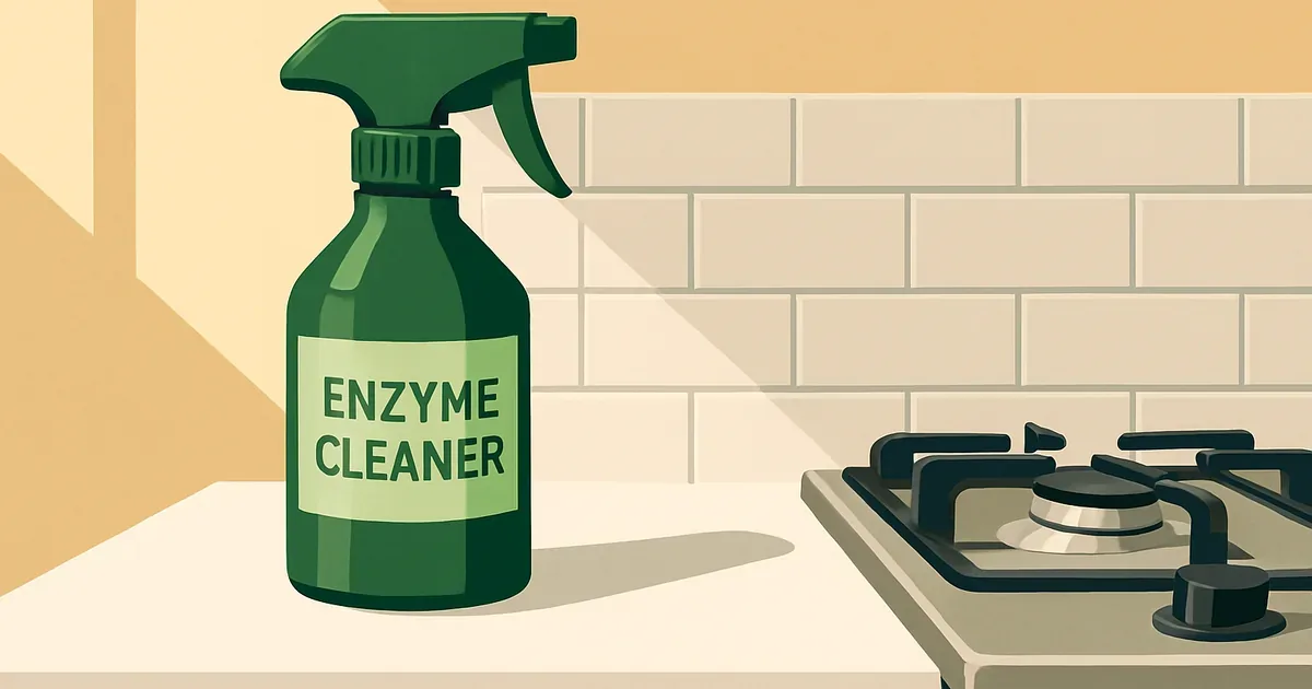 Enzyme cleaner spray bottle on a kitchen counter next to stovetop