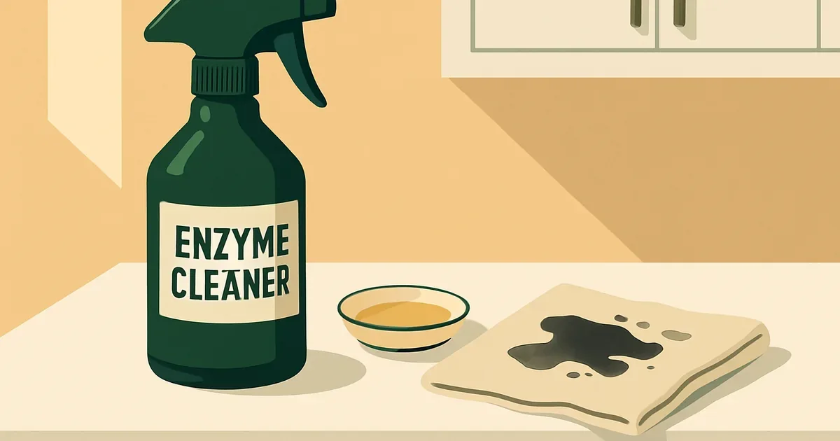 Enzyme cleaner bottle next to cooking oil and motor oil on a kitchen counter