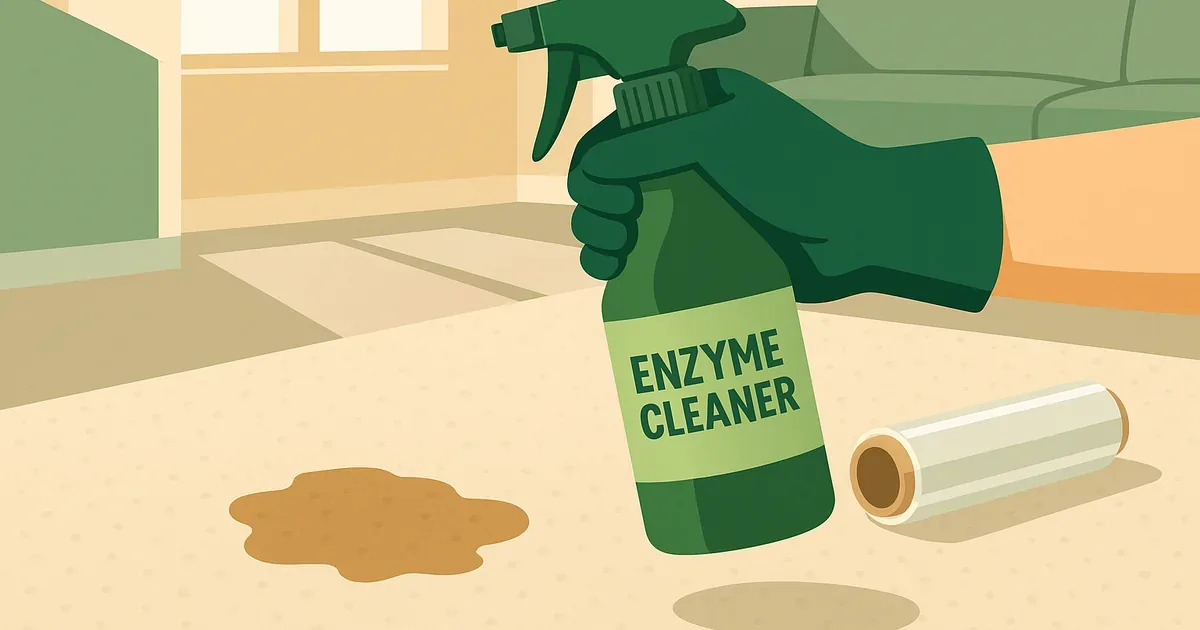 Enzyme cleaner applied to old carpet stain with plastic wrap for extended treatment
