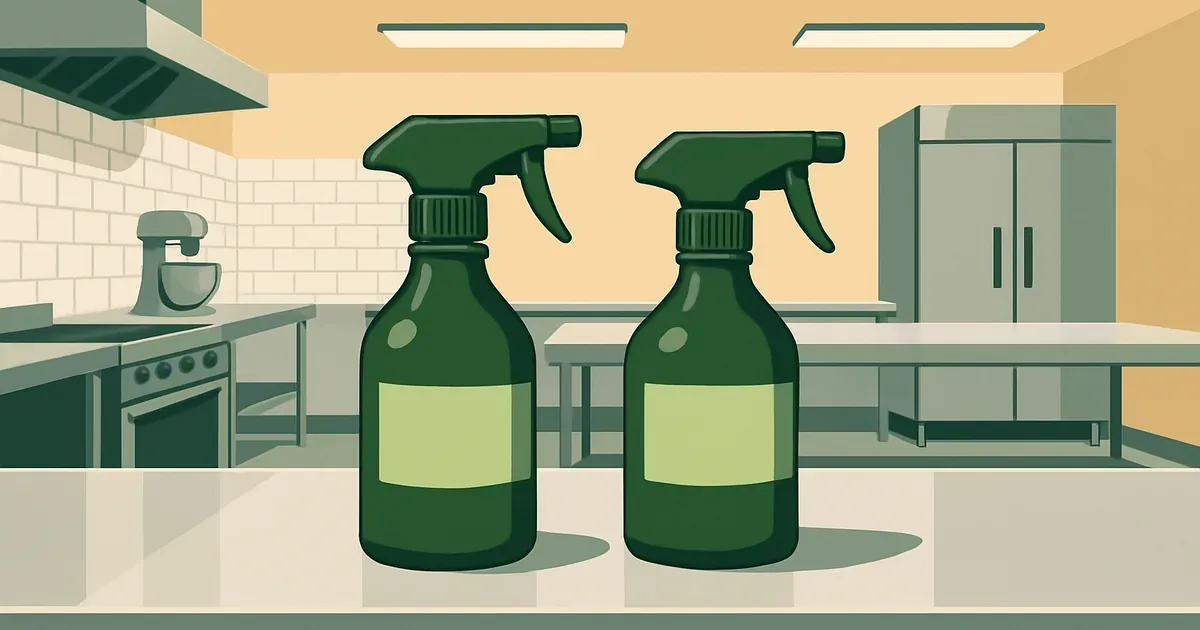 Commercial restaurant kitchen with enzyme cleaner products on stainless steel surfaces