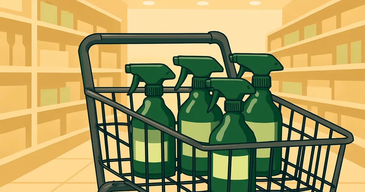 Shopping cart with enzyme cleaner bottles in a bright retail store aisle