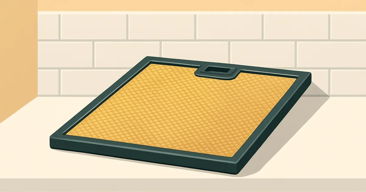 Greasy range hood filter removed and sitting on a countertop