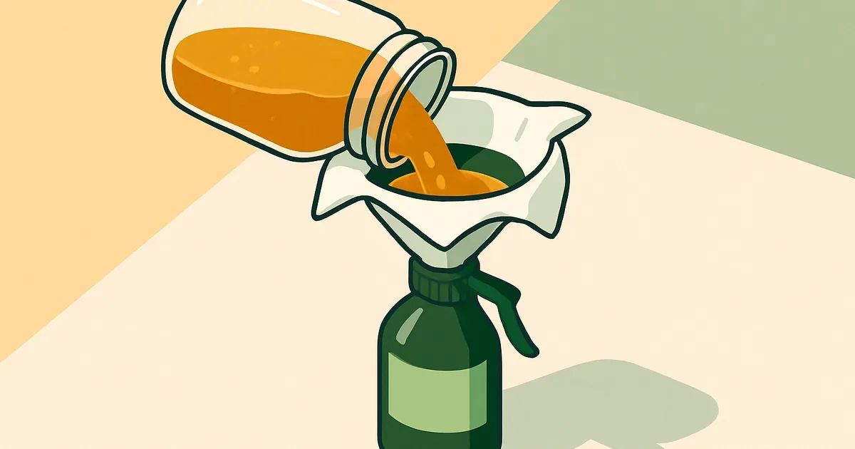 Straining finished homemade enzyme cleaner through cheesecloth into spray bottle