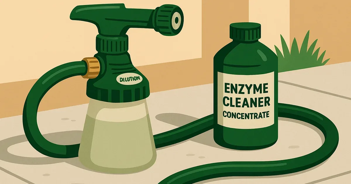 Hose-end sprayer setup with enzyme cleaner concentrate and dilution dial visible