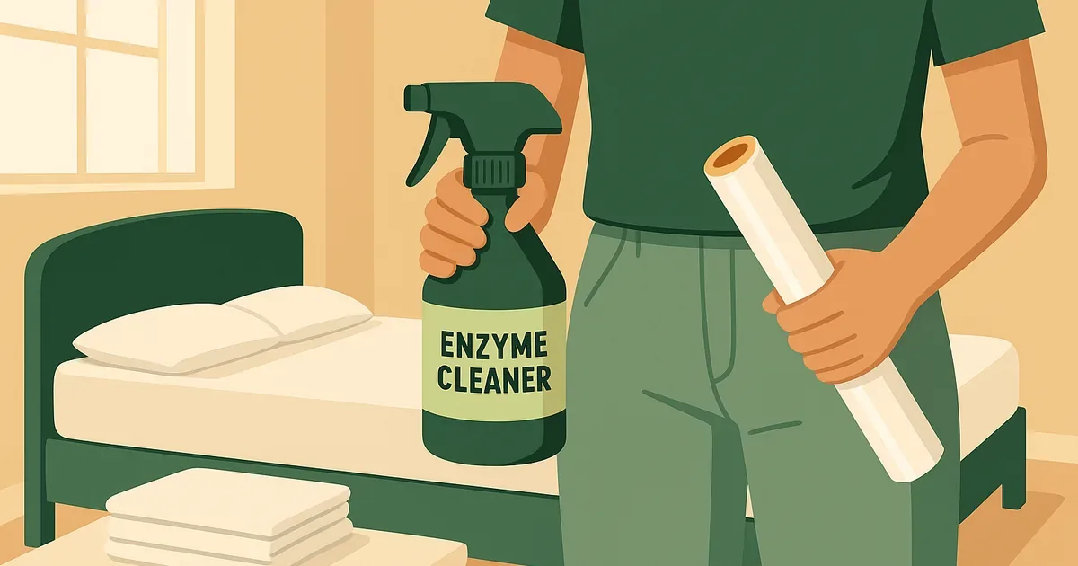 Applying enzyme cleaner to a mattress and covering with plastic wrap