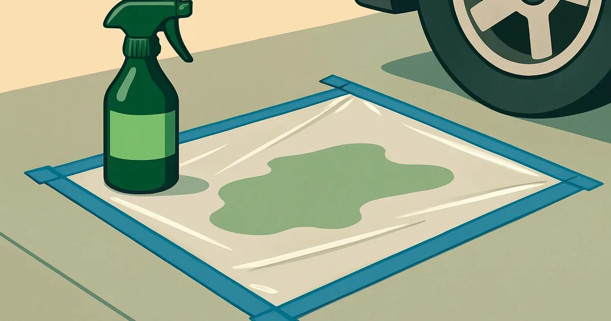 Plastic sheeting taped over enzyme-treated concrete in a garage