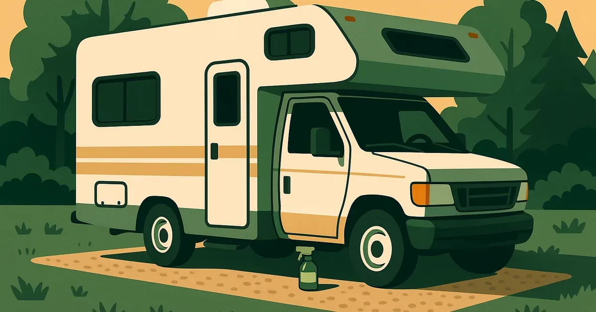 RV parked at a campsite with enzyme cleaner product for tank treatment