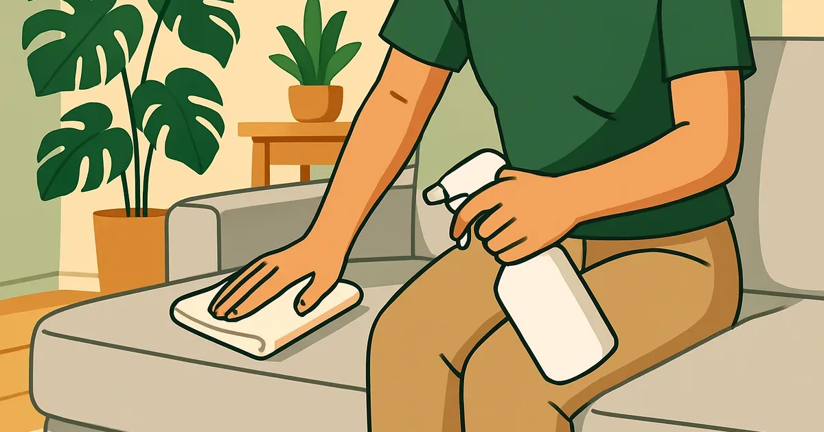 Person cleaning a fabric couch with enzyme cleaner spray and cloth