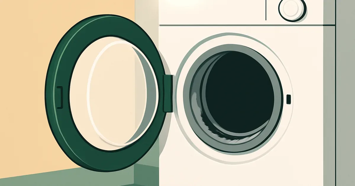 Front-load washing machine with rubber door gasket pulled back showing buildup