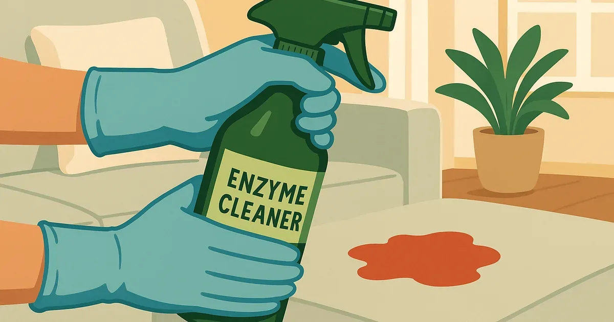 Treating a blood stain on upholstery with enzyme cleaner spray