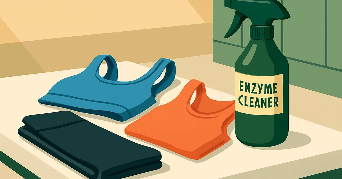 Workout clothes next to enzyme cleaner spray bottle in a gym locker room