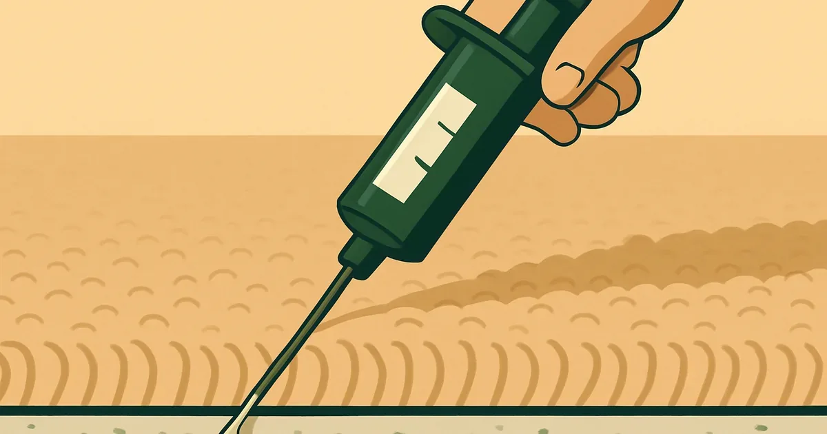 Injection syringe pushing enzyme cleaner into carpet pad beneath fibers
