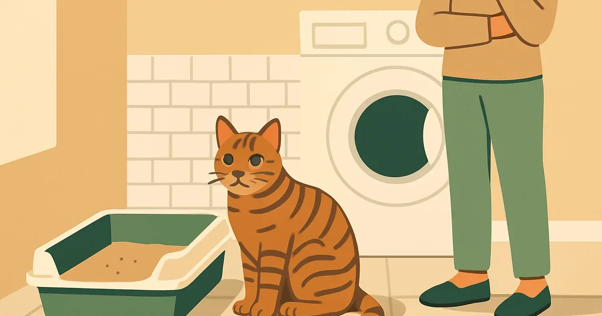 Cat near a litter box with a concerned owner in background