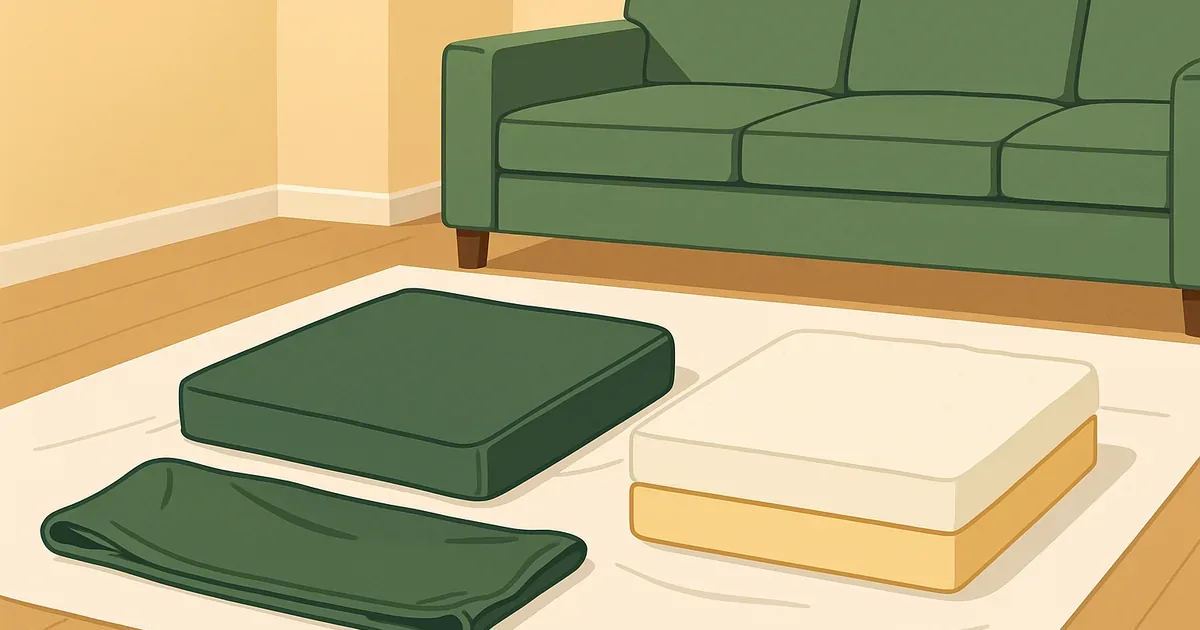 Couch cushion separated into fabric cover and foam layers for enzyme treatment