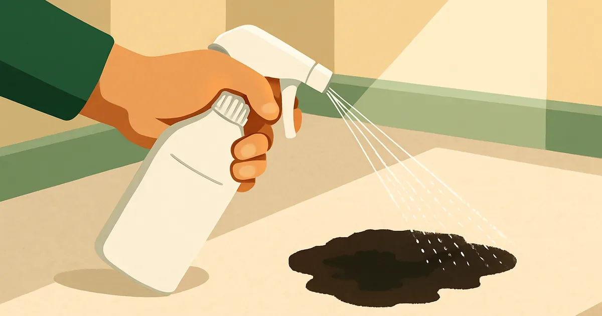 Enzyme cleaner being sprayed onto a carpet stain, close-up application view