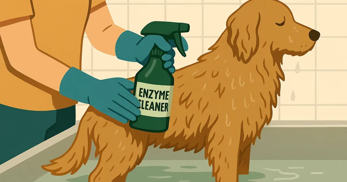 Applying enzyme cleaner to a dog's fur during skunk odor treatment