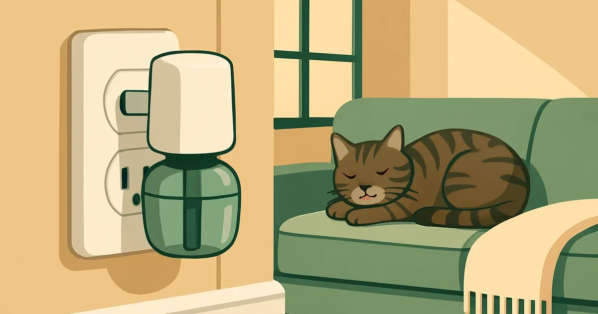 Plug-in pheromone diffuser in a living room wall outlet with a cat nearby