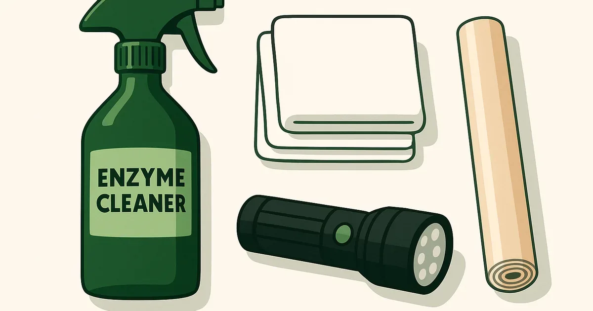 Pet stain removal supplies: enzyme cleaner, white cloths, UV flashlight, and plastic wrap