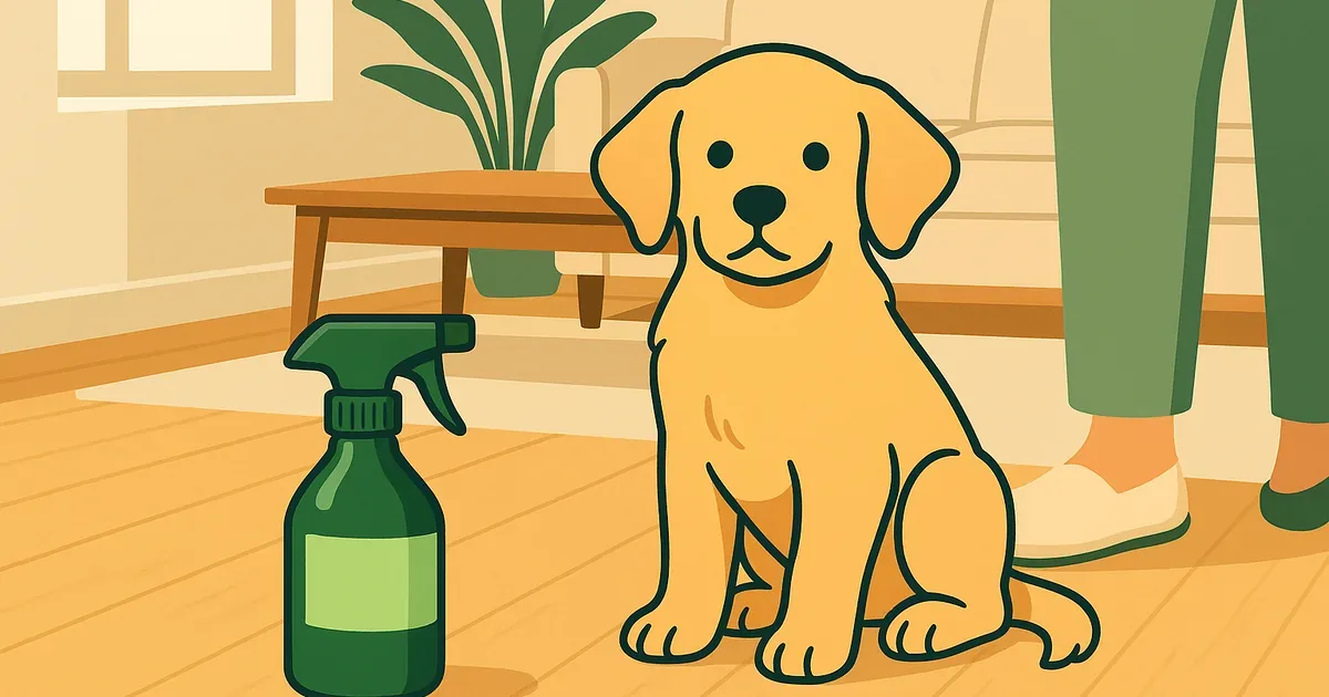 Puppy sitting next to enzyme cleaning spray on a clean hardwood floor