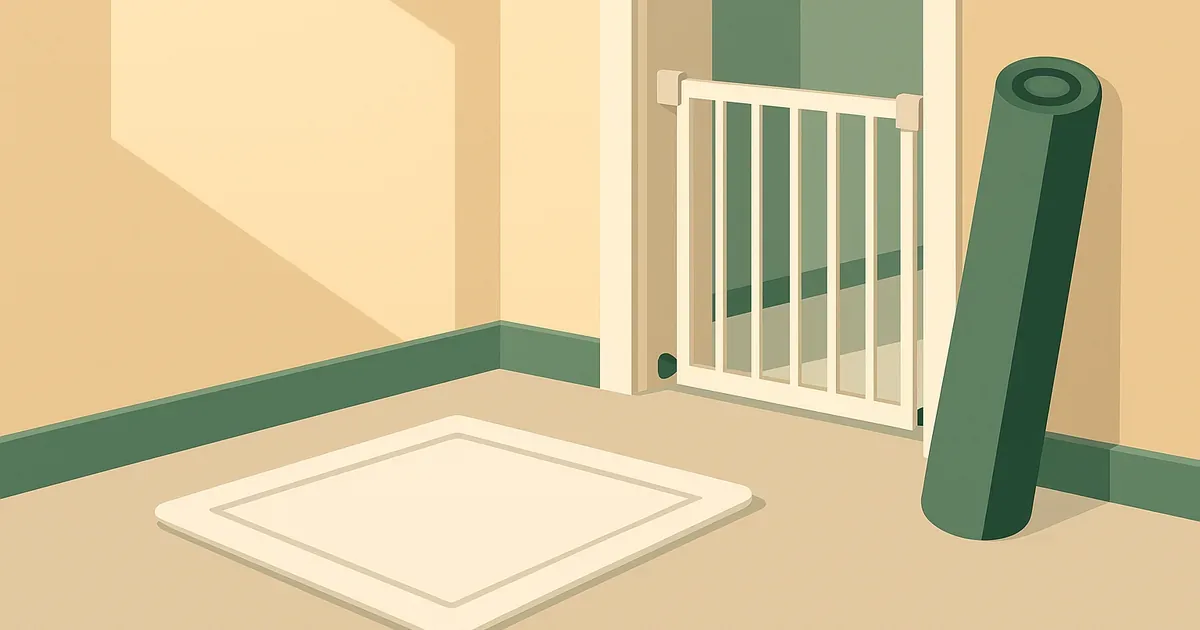 Puppy-proofed room with pee pads, baby gate, and rolled-up rug