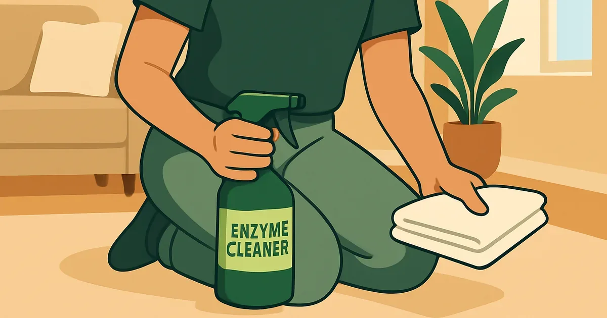Person kneeling on carpet with enzyme cleaner and cloths ready for pet stain removal