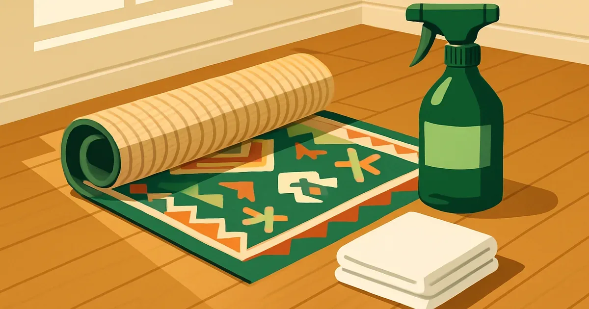 Area rug flipped upside down showing jute backing with a spray bottle and towel nearby