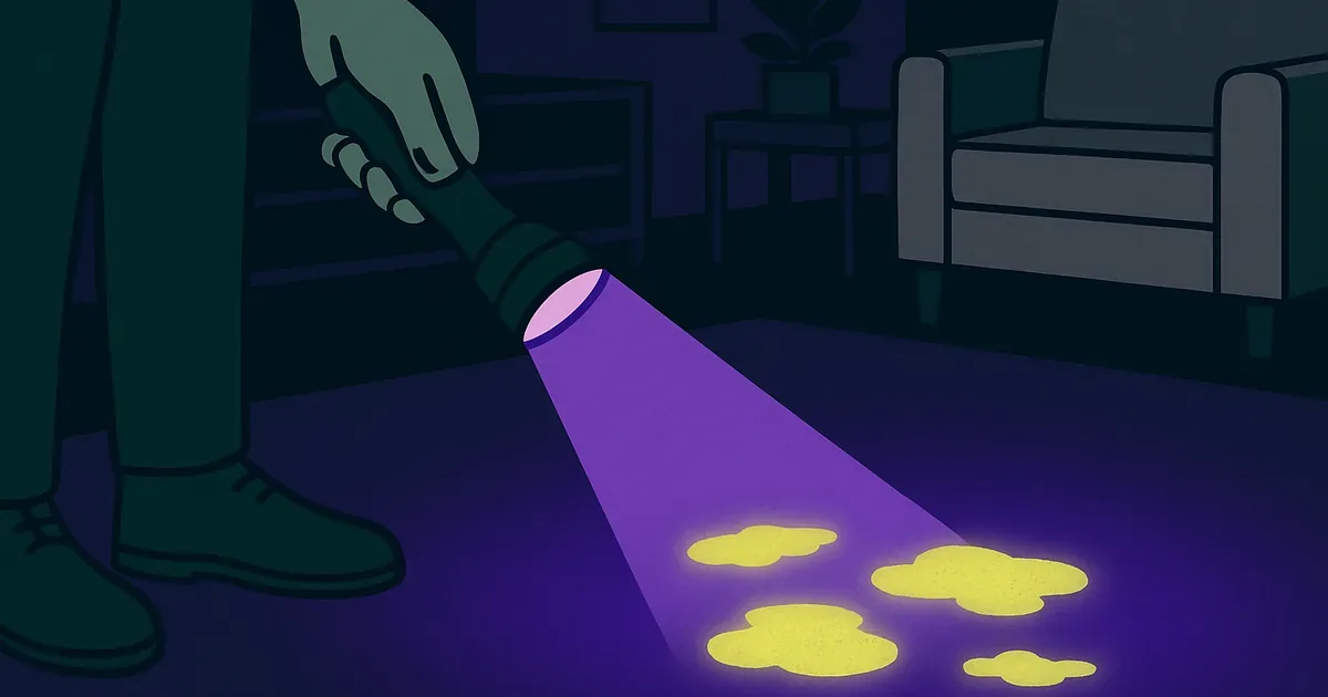 Person using UV blacklight to find hidden urine spots glowing on carpet