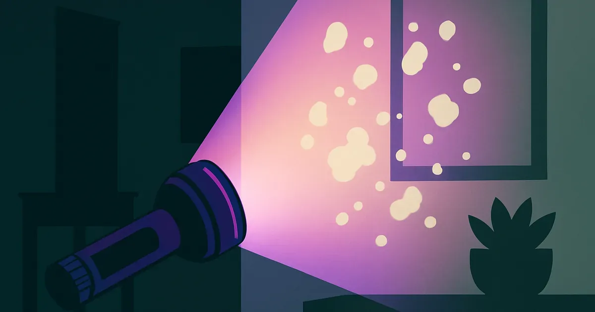 UV blacklight revealing cat spray marks glowing on a wall in a dark room