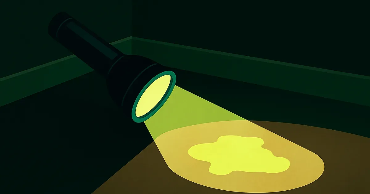 UV flashlight revealing hidden pet urine stain glowing on carpet in a dark room