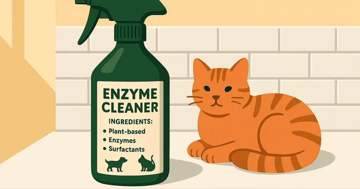 Close-up of enzyme cleaner label showing pet-safe ingredients with cat nearby