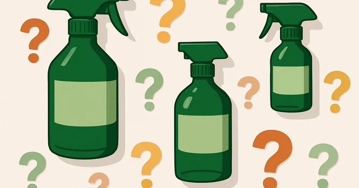 Enzyme cleaner bottles with question marks on a bright clean surface