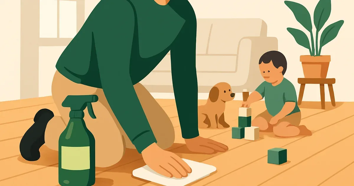 Parent cleaning floor with enzyme cleaner while dog and toddler play safely nearby
