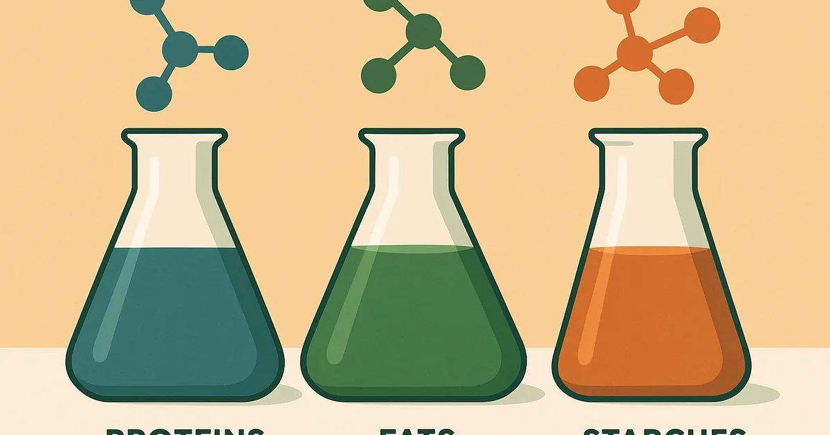 Three laboratory beakers with different colored enzyme solutions and molecular symbols