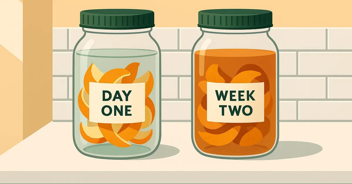 DIY enzyme cleaner fermentation progress, day 1 versus week 2 comparison