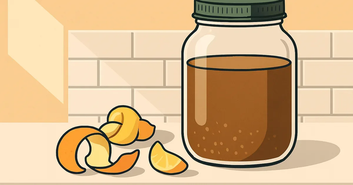 Pouring citrus peels into a jar with brown sugar and water for enzyme cleaner