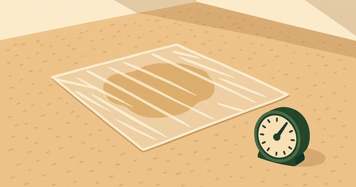 Plastic wrap keeping enzyme cleaner moist on carpet stain during treatment